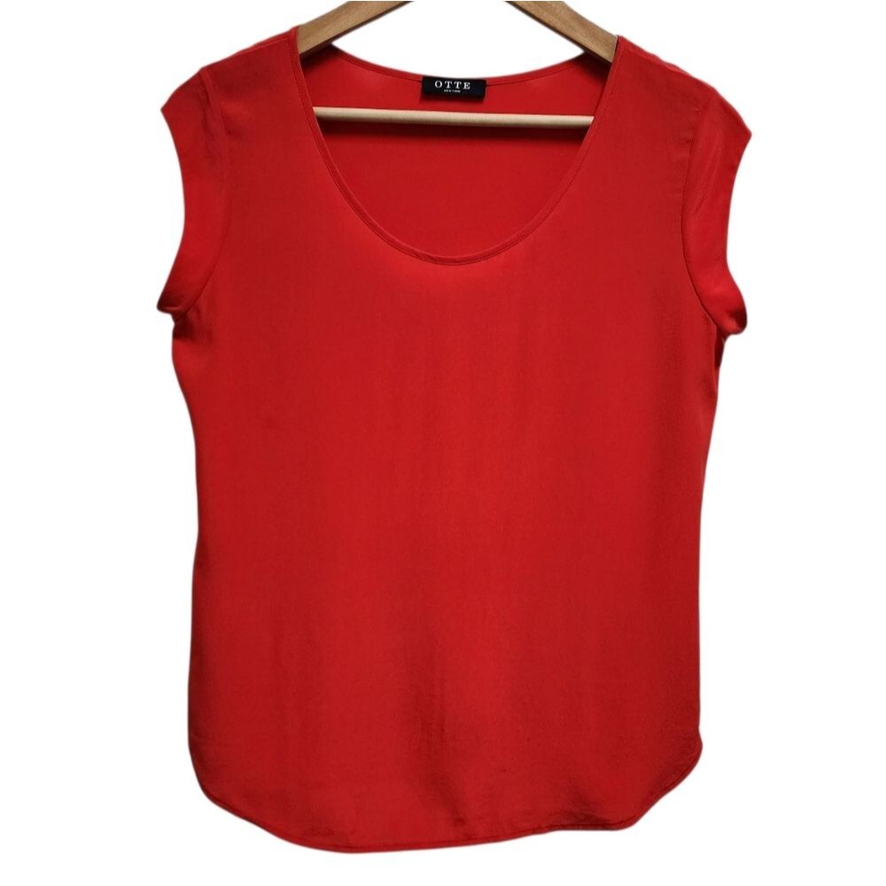 Otte New York Top Women Sz S Red 100% Silk Blouse Scoop Cap Sleeve Lightweight